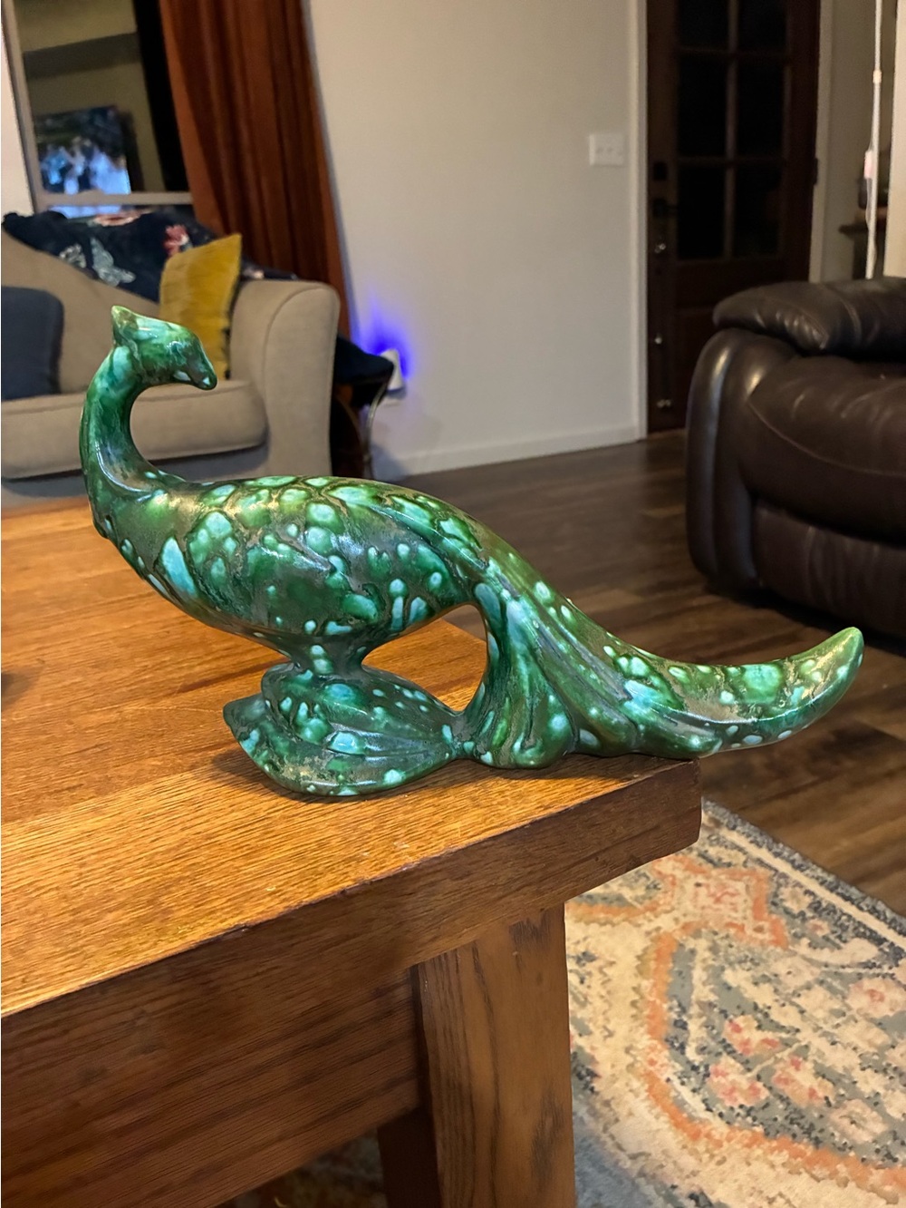 Vintage Green Ceramic Peacock Pair with Turquoise Speckle - Picture 3 of 9